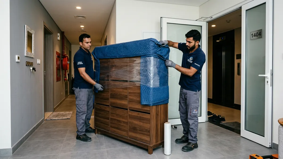 Professional uniformed moving crew wrapping a large wooden shoe storage cabinet in an apartment entrance in Dubai