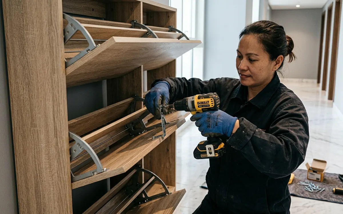 Technician using a cordless drill to unscrew drop-down drawer hinges and wall fixings of a wooden shoe cabinet in Dubai