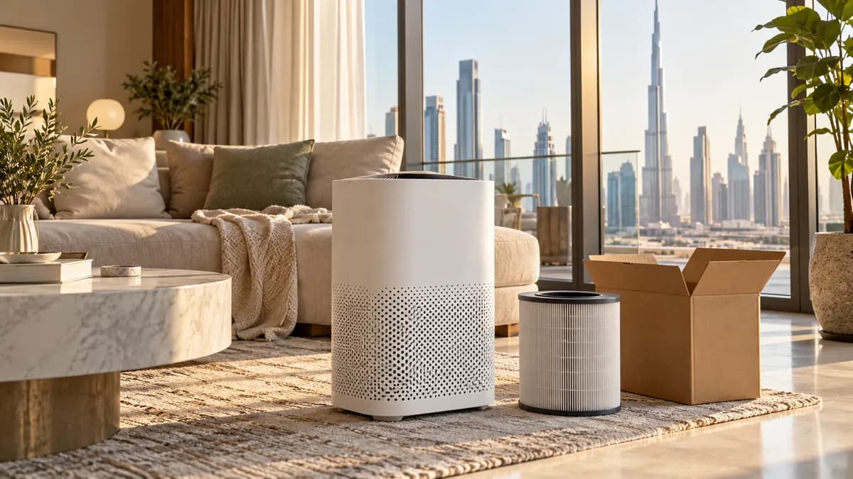 Used white air purifier and replacement filter beside a collection box in a sunlit Dubai apartment