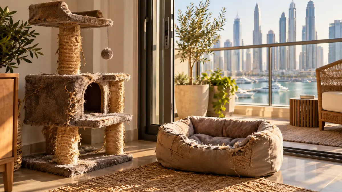 Worn cat tree and frayed pet bed beside the balcony door of a Dubai apartment