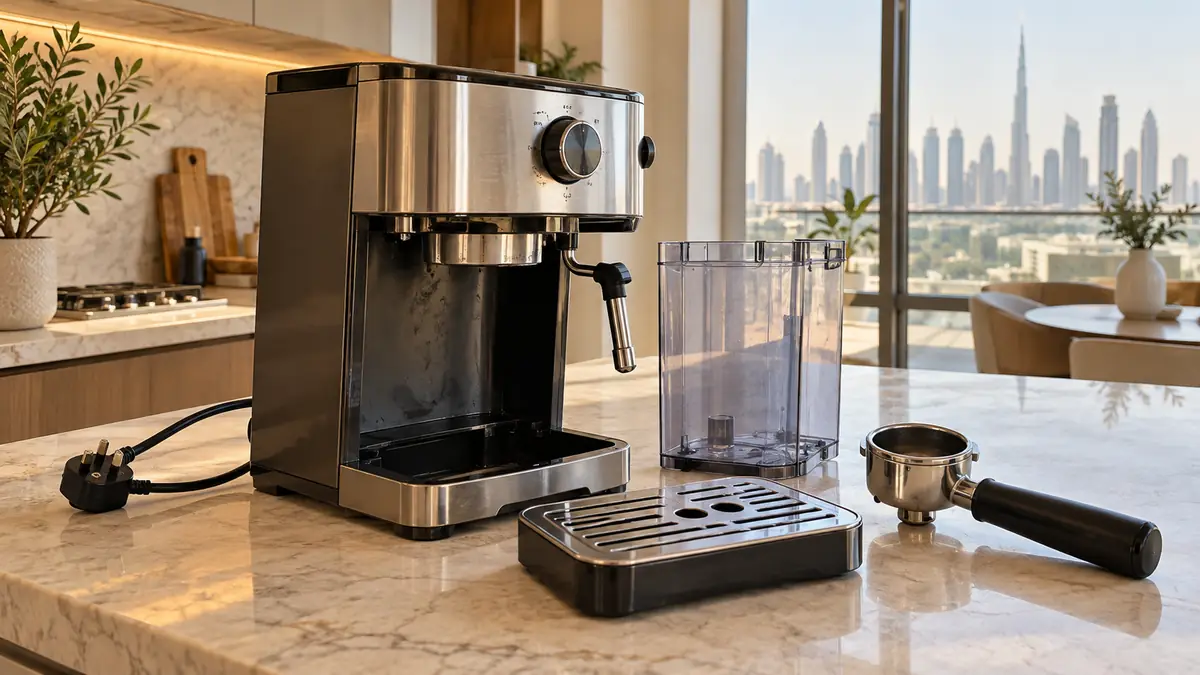 Unplugged espresso machine with an empty tank, drip tray and portafilter on a Dubai kitchen counter