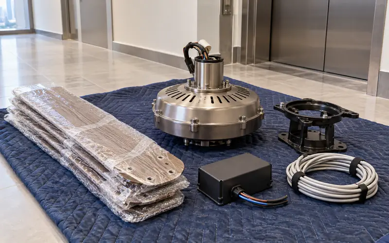 Wrapped ceiling fan blades, motor housing and bracket sorted on a protective blanket beside a service lift