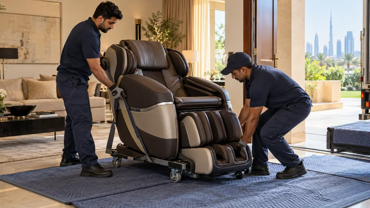 Two uniformed crew members securing a motorized massage chair on a dolly inside a Dubai villa