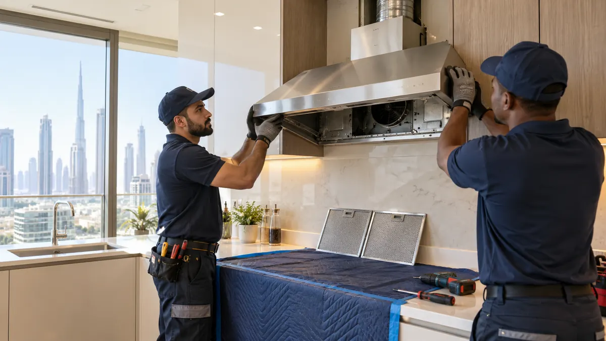 Two uniformed technicians carefully lowering a stainless-steel cooker hood in a Dubai apartment kitchen