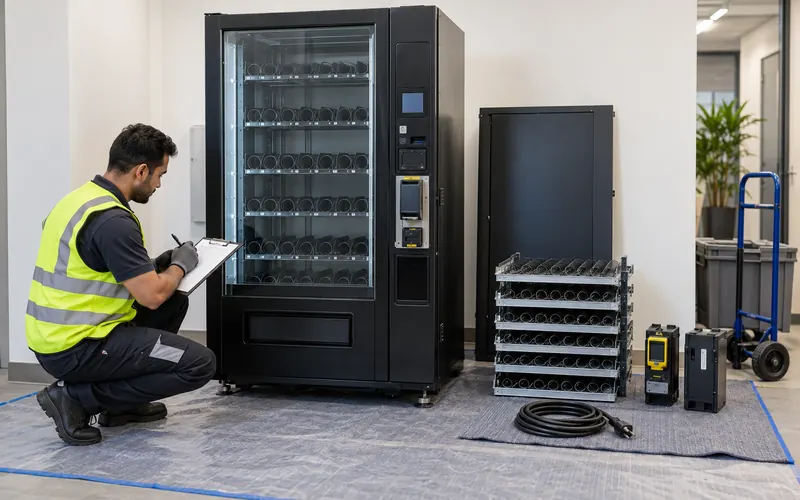 Technician documenting an empty vending machine with payment modules and removable shelves secured for collection