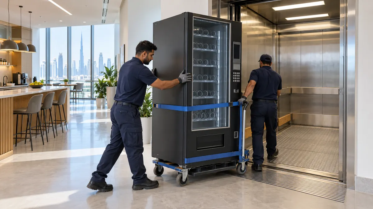 Two uniformed movers guiding an empty vending machine into a Dubai office freight lift