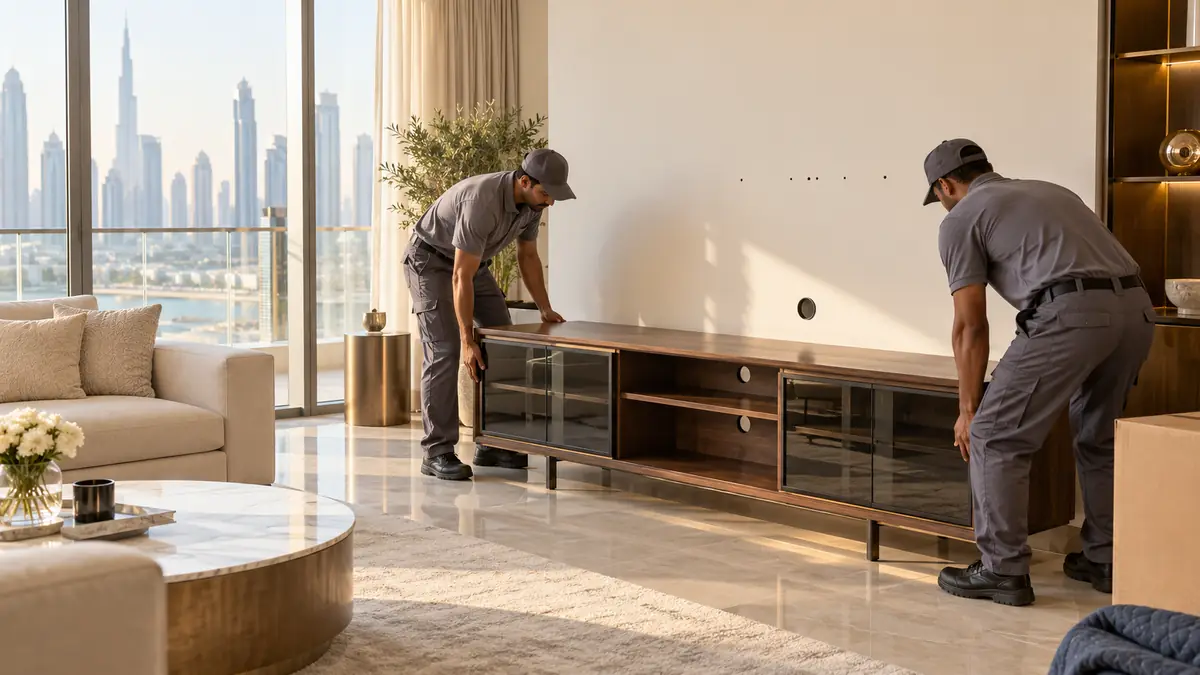 Clearance crew preparing a wooden TV stand with glass doors for removal from a Dubai apartment