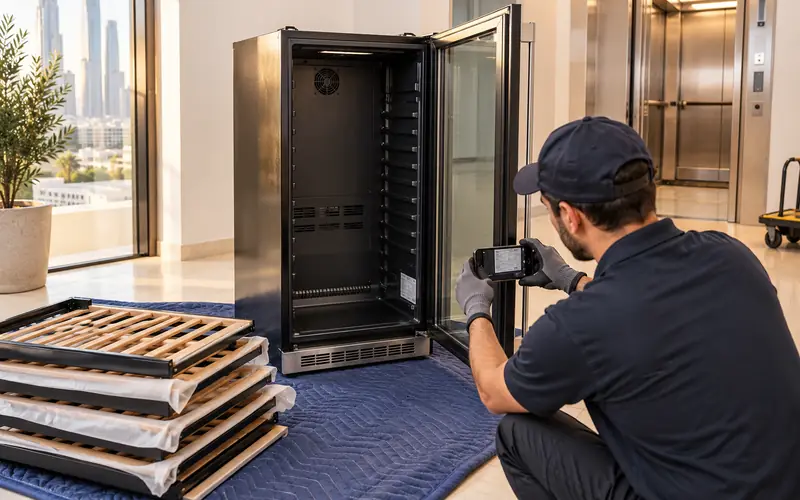 Technician photographing a wine cooler rating plate with bottle racks wrapped separately for collection