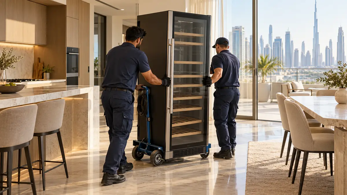 Crew moving an empty glass-door wine cooler upright on an appliance trolley in a Dubai home