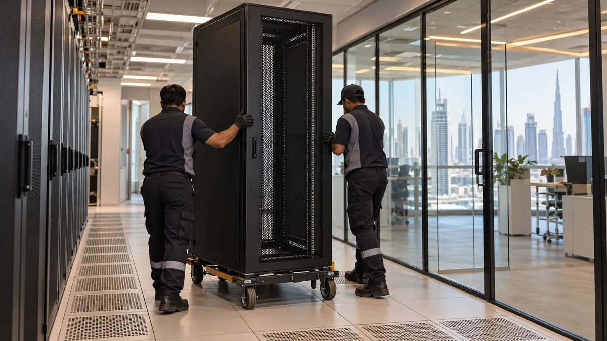Specialist crew moving an empty network server rack on a heavy-duty trolley through a Dubai office