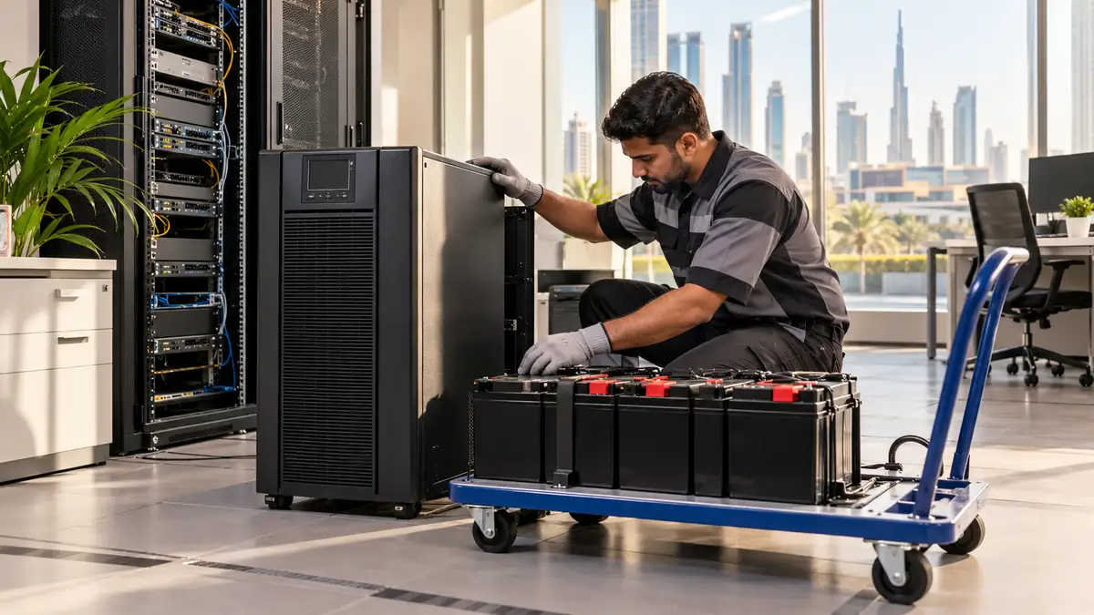 Technician inspecting a UPS and sealed backup batteries on a trolley in a Dubai office IT room