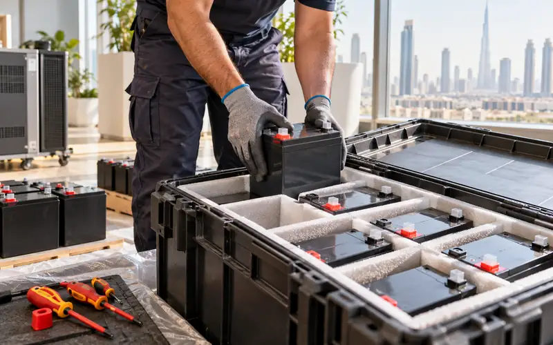 Gloved technician packing intact UPS battery modules upright in a divided recycling crate