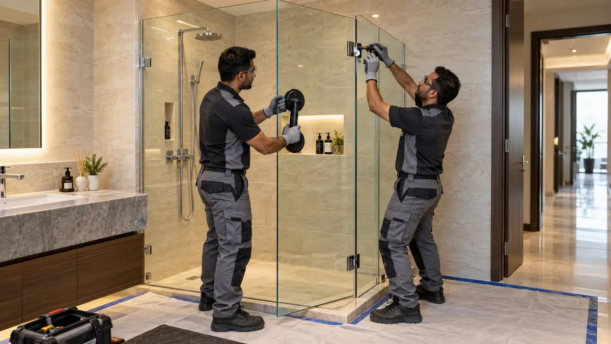 Two technicians supporting a frameless glass shower door during removal in a Dubai apartment bathroom