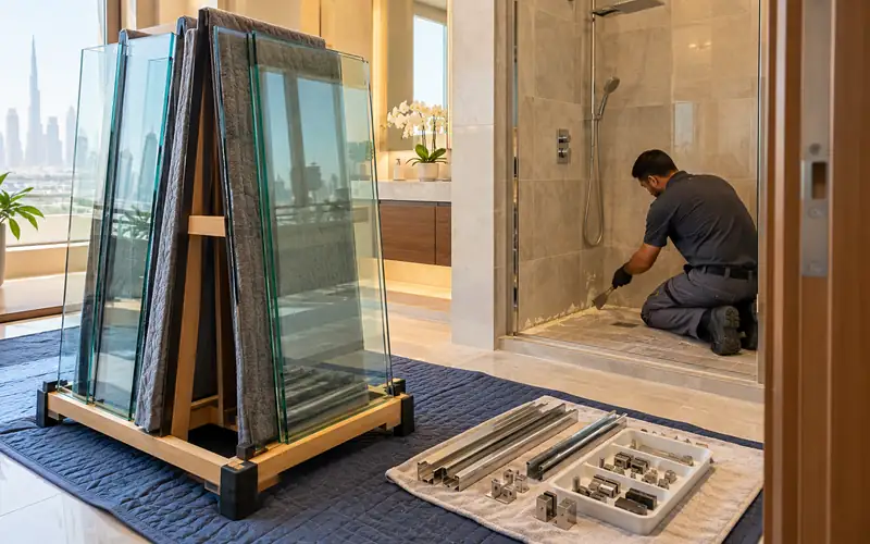 Tempered shower-glass panels stored upright in a padded rack beside sorted metal channels and hinges