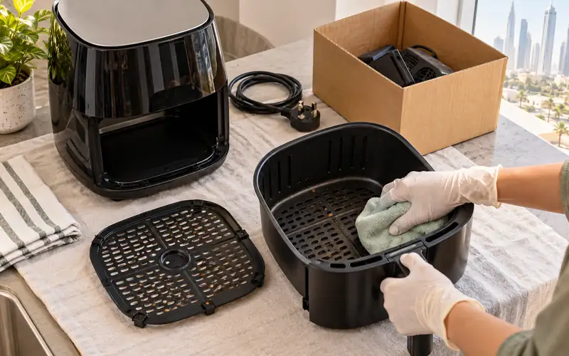 Air fryer basket and tray separated for cleaning beside the intact powered appliance body
