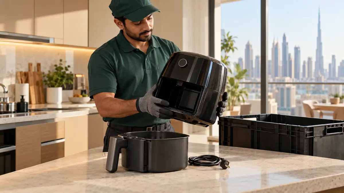 Worker inspecting an unplugged air fryer and removable basket in a Dubai apartment kitchen