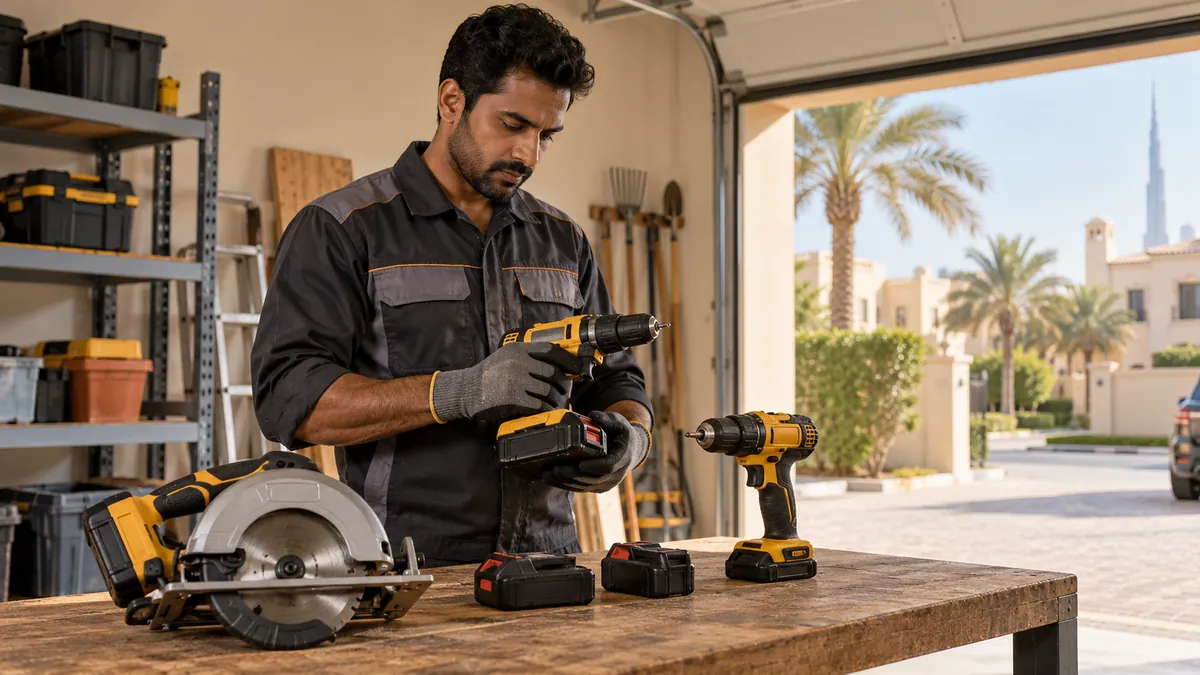 Technician inspecting cordless drills, a circular saw and battery packs in a Dubai villa garage