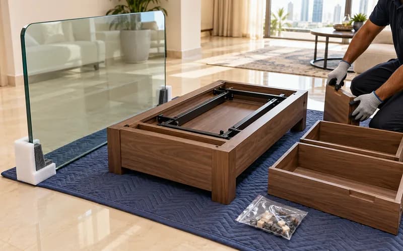 Coffee table base, padded glass top, drawers and labelled hardware prepared for collection