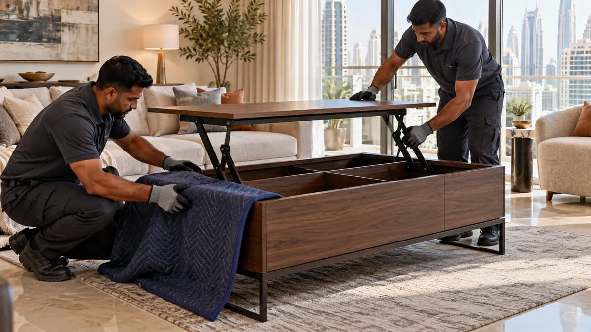 Two technicians securing a lift-top coffee table in a bright Dubai apartment living room