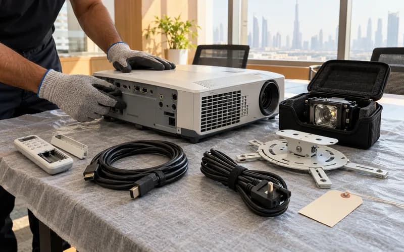 Office projector, remote, ceiling mount and coiled cables inventoried on a protected meeting table
