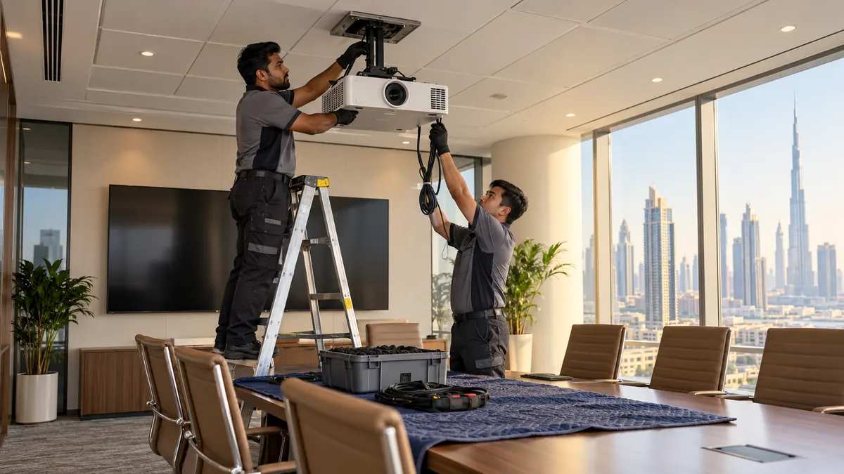 Technicians safely supporting a ceiling-mounted projector in a Dubai office meeting room