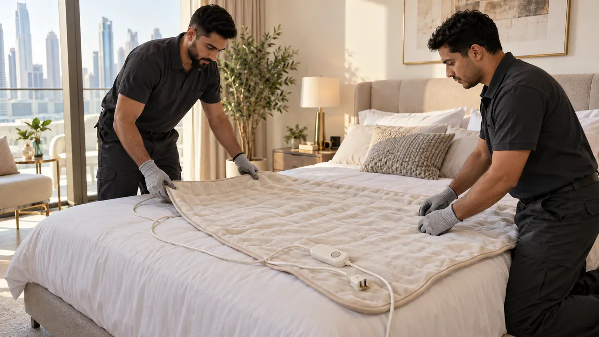 Removal technicians inspecting an unplugged electric blanket in a bright Dubai apartment bedroom