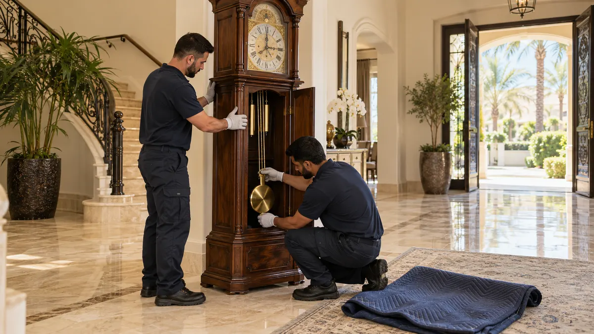 Technicians removing the pendulum from a tall grandfather clock in a Dubai villa