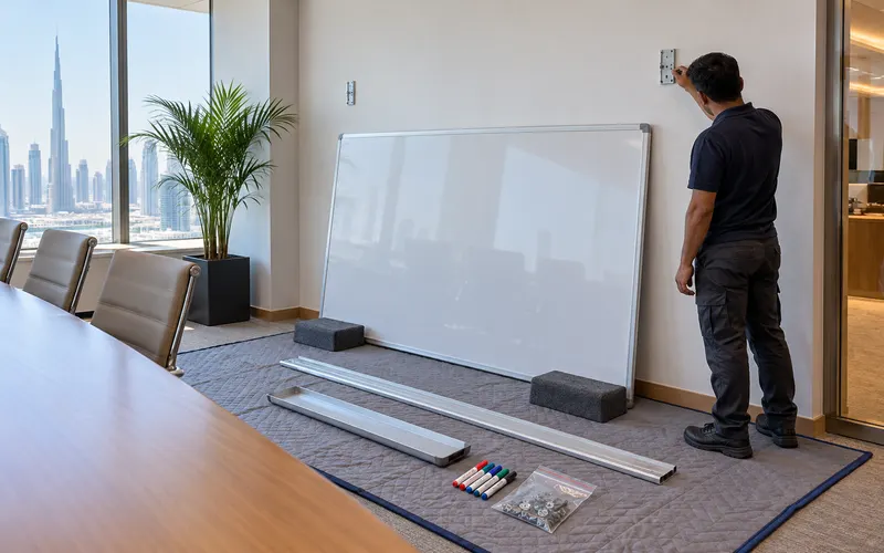 Large office whiteboard upright on padded blocks with rails, tray and bagged fixings separated