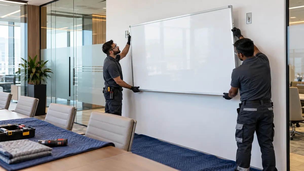 Facilities technicians supporting a large wall-mounted whiteboard in a modern Dubai office