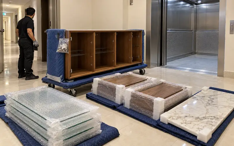 Wrapped sideboard drawers, glass shelves and stone top beside a padded cabinet at a Dubai service lift