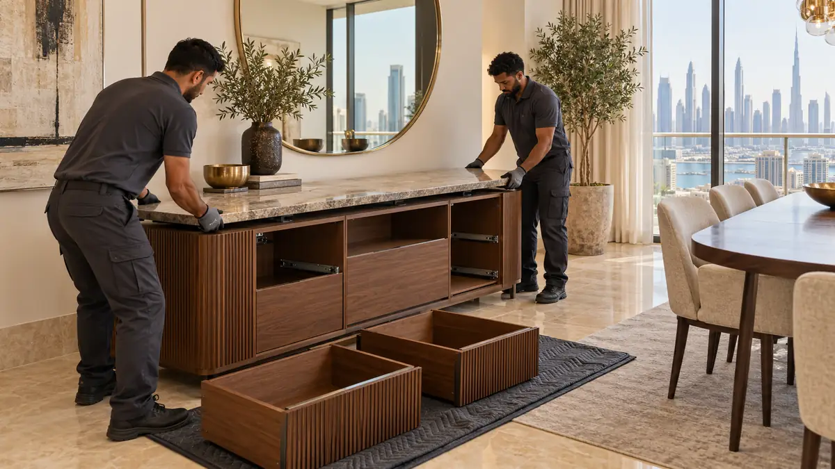 Clearance crew removing a stone top from a wooden sideboard in a Dubai dining room