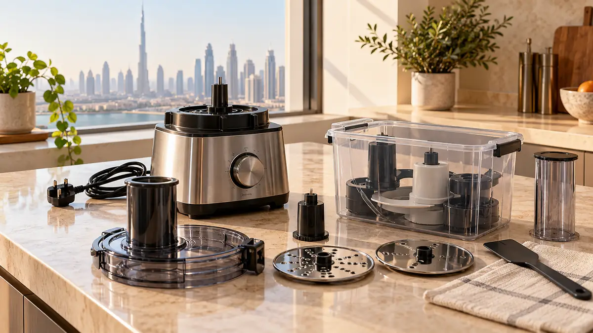 Unplugged food processor and sorted accessories on a bright Dubai kitchen counter