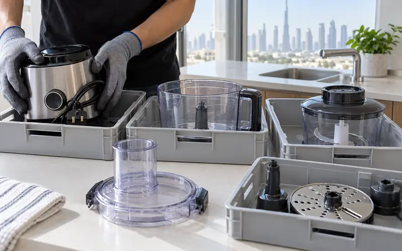 Gloved worker sorting a food processor motor, bowls and contained blades into separate crates