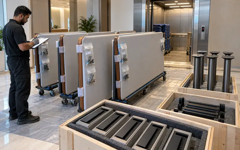 Padded conference table sections and sorted legs beside a Dubai office service lift