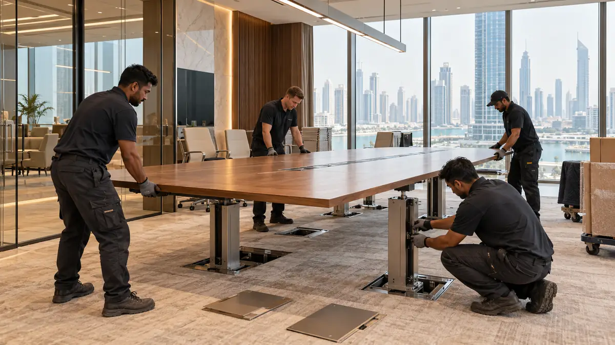 Facilities crew dismantling a long conference table in a premium Dubai office
