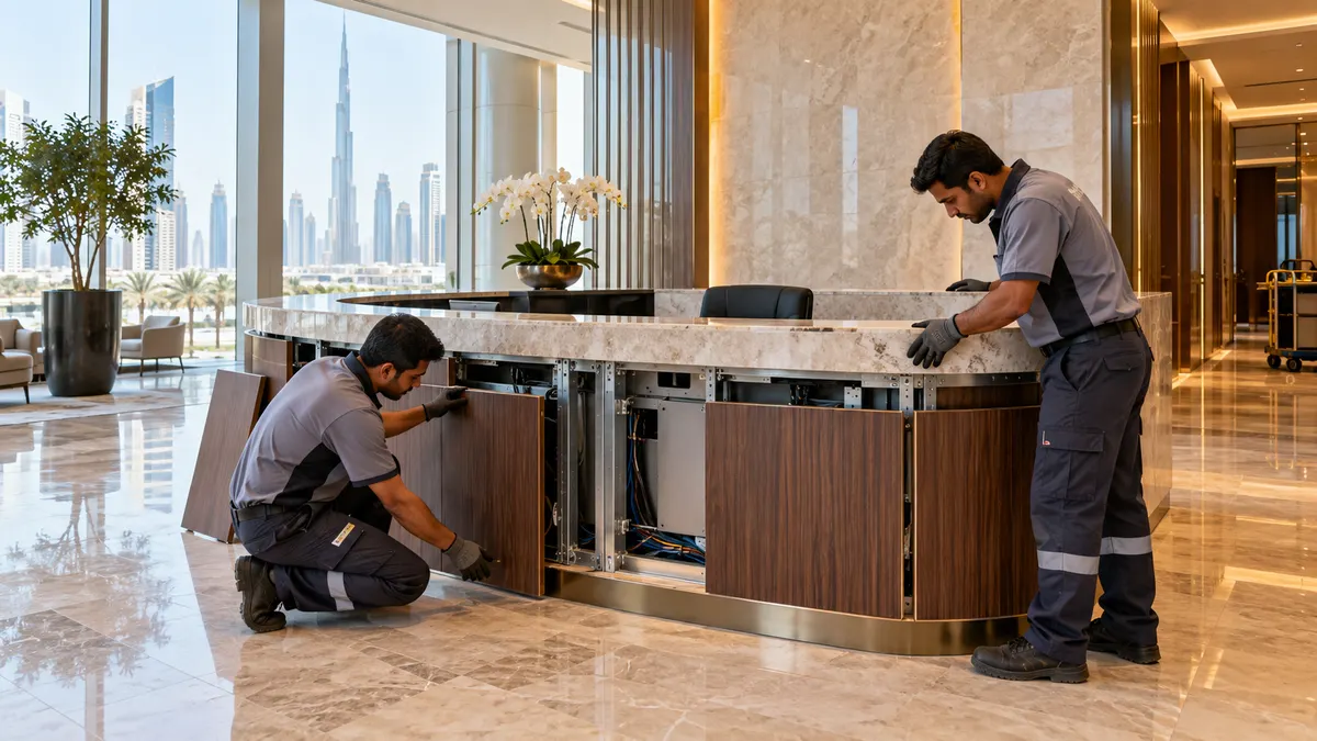 Facilities crew inspecting a curved reception desk before dismantling it in a Dubai office lobby