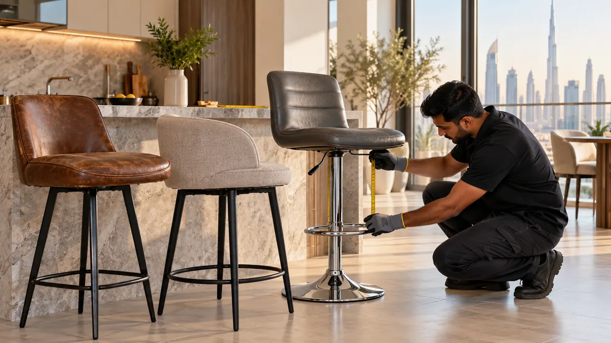 Worker inspecting adjustable bar stools beside a kitchen island in a Dubai apartment