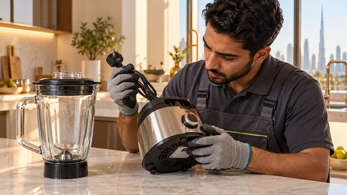 Worker checking an unplugged blender motor base and glass jug in a Dubai kitchen