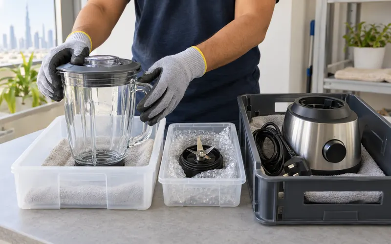 Clean blender jug, contained blade assembly and unplugged motor base sorted into separate crates
