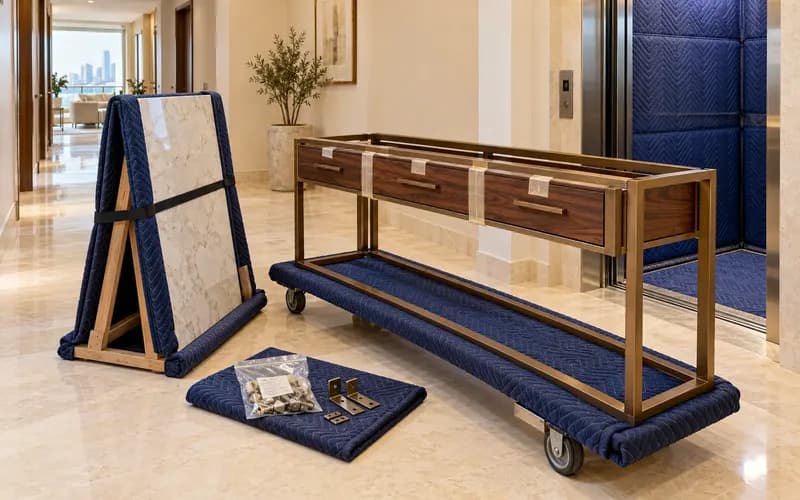 Console table frame and padded stone top prepared separately beside a Dubai apartment service lift