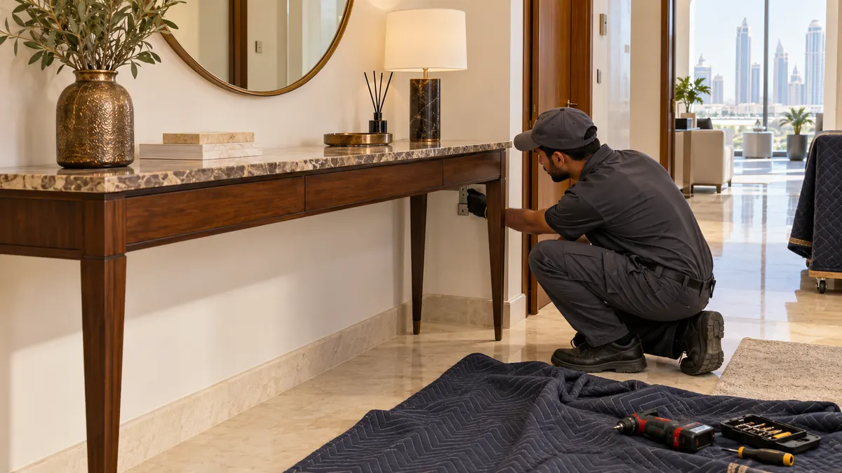 Clearance worker checking the wall restraint on a wooden console table in a Dubai apartment foyer