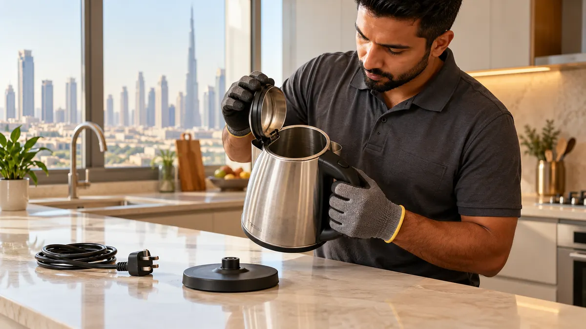 Worker inspecting an empty unplugged electric kettle and separate power base in a Dubai kitchen