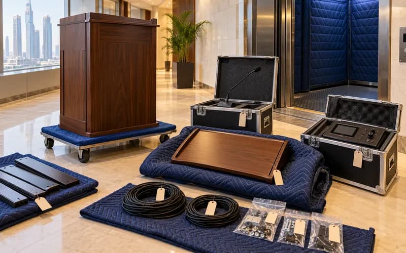 Lectern cabinet, microphone, AV control module and cables protected separately beside a Dubai office service lift