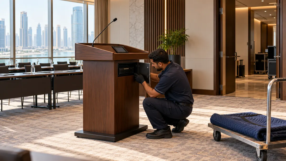 Facilities worker inspecting the AV compartment of a wooden lectern in a Dubai conference room