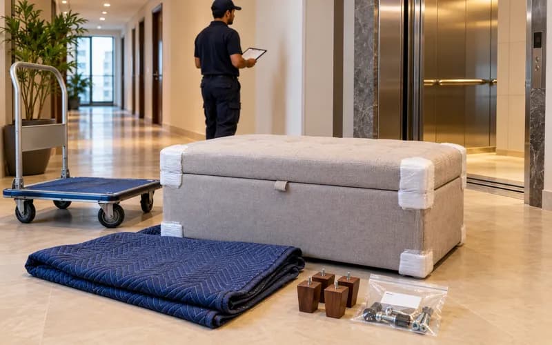Protected storage ottoman with removable feet and fittings prepared beside a Dubai apartment service lift