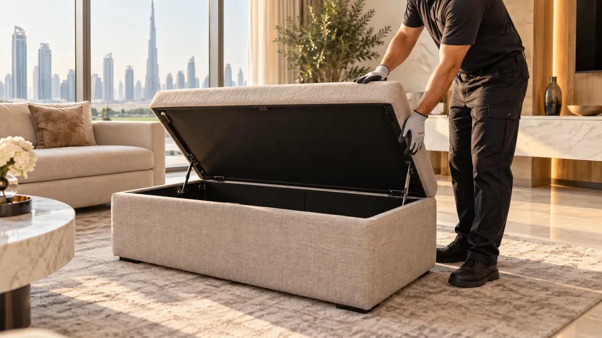 Clearance worker inspecting the hinged lid of an empty storage ottoman in a Dubai apartment