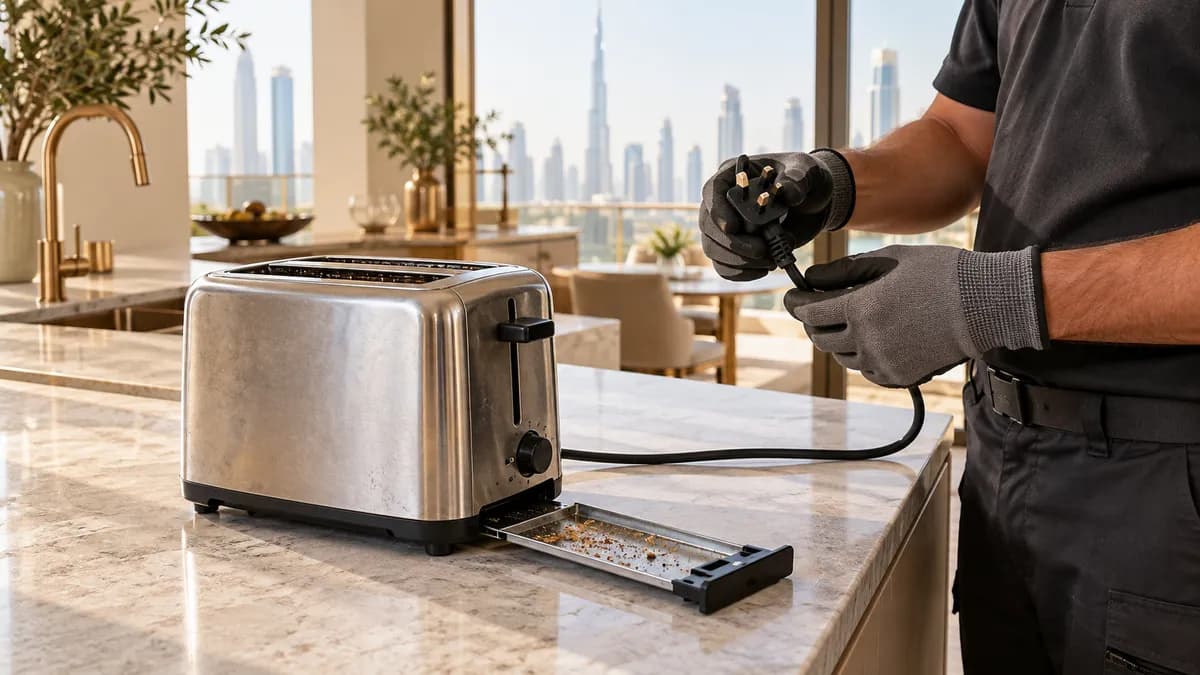 Worker checking the plug of an unplugged toaster with its crumb tray removed in a Dubai kitchen