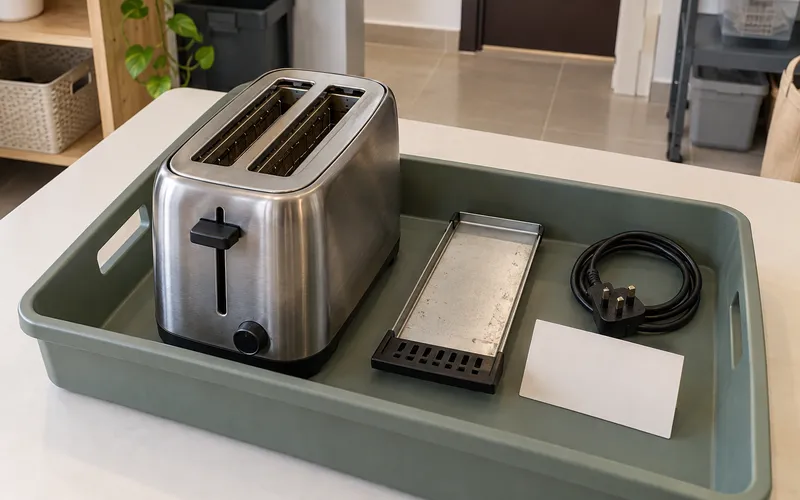 Dry unplugged toaster, empty crumb tray and coiled power cord grouped for small-appliance collection