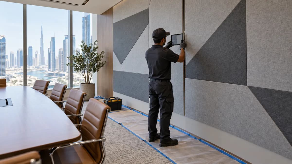 Facilities worker inspecting the fixing edge of acoustic wall panels in a Dubai office meeting room