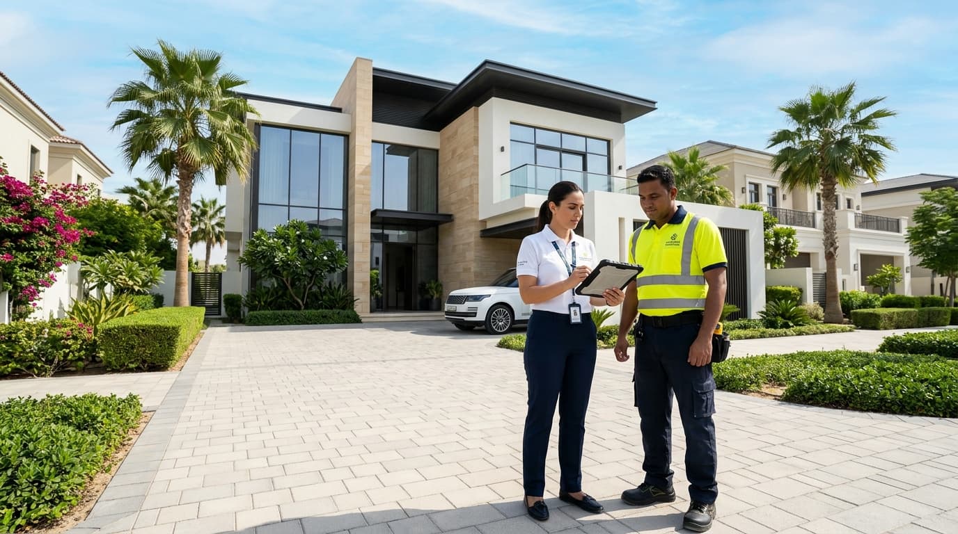 Property inspector and clearance team reviewing handover inspection checklist outside a luxury Dubai villa